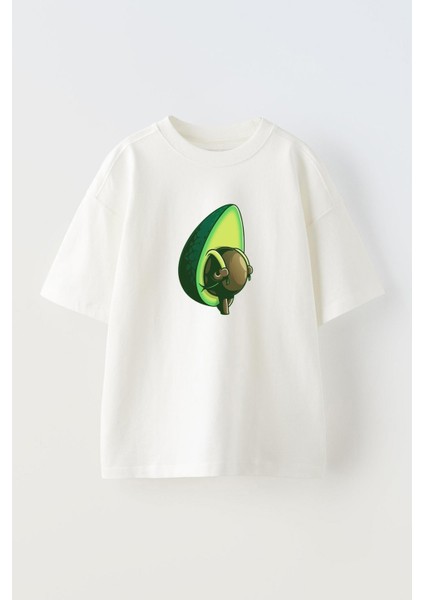 Unisex Avakodo ve Çekirdeği Tasarım Baskılı Pamuk Beyaz Oversize T-Shirt