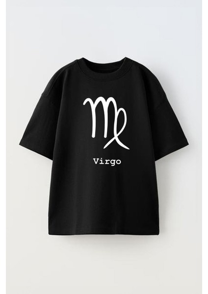 Unisex Basak Burcu Tasarım Baskılı Pamuk Sıyah Oversize T-Shirt