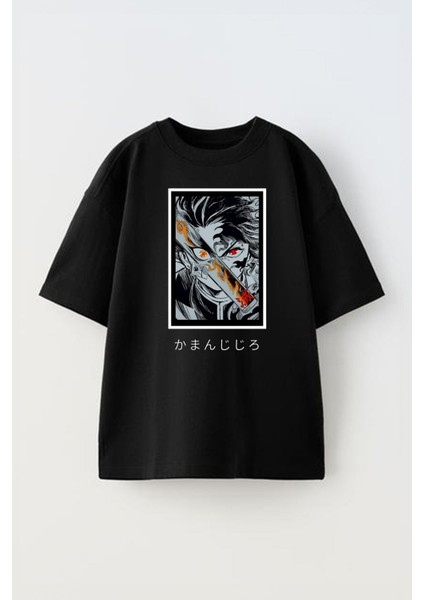 Unisex Demon Slayer Rangoku Tasarım Baskılı Pamuk Sıyah Oversize T-Shirt