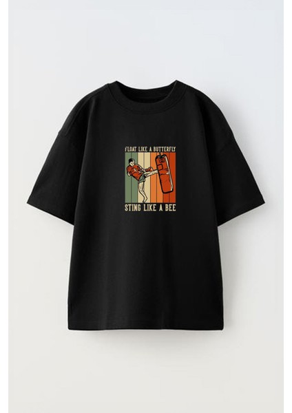 Unisex Float Like A Butterfly Stıng Like A Bee Tasarım Baskılı Pamuk Sıyah Oversize T-Shirt