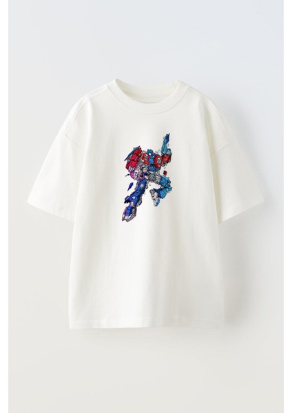 Unisex Optimus Prime Tasarım Baskılı Pamuk Beyaz Oversize T-Shirt