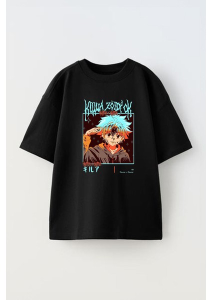 Unisex Anime Hunter x Hunter Tasarım Baskılı Pamuk Sıyah Oversize T-Shirt