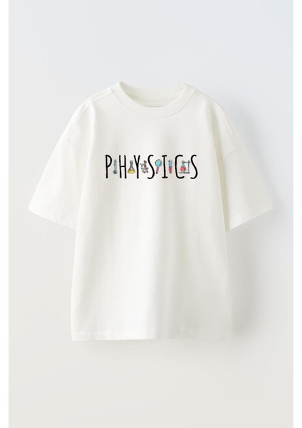 Unisex Physics Tasarım Baskılı Pamuk Beyaz Oversize T-Shirt