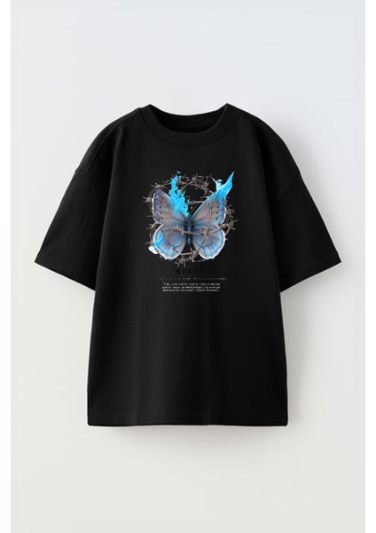 Unisex Dikenli Tel Kelebek Tasarım Baskılı Pamuk Sıyah Oversize T-Shirt