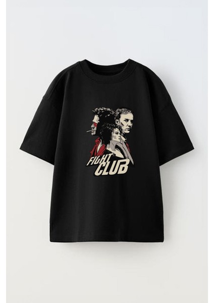 Unisex Fight Club Dövüş Kulübü Tasarım Baskılı Pamuk Sıyah Oversize T-Shirt
