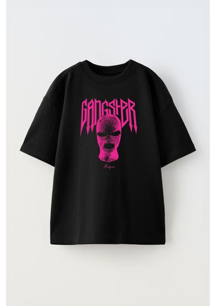 Unisex Pink Gangster Tasarım Baskılı Pamuk Sıyah Oversize T-Shirt