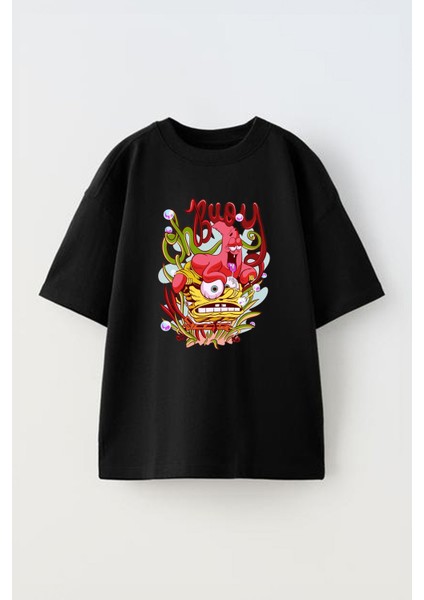 Unisex Sunger Bob Patrick Tasarım Baskılı Pamuk Sıyah Oversize T-Shirt