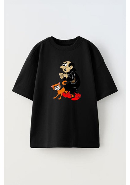 Unisex Gargamel Tasarım Baskılı Pamuk Sıyah Oversize T-Shirt