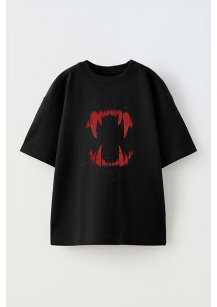 Unisex Kurt Dişi Kırmızı Tasarım Baskılı Pamuk Sıyah Oversize T-Shirt