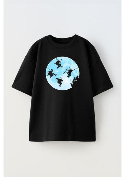 Unisex Ninja Kaplumbağlar ve Ay Tasarım Baskılı Pamuk Sıyah Oversize T-Shirt