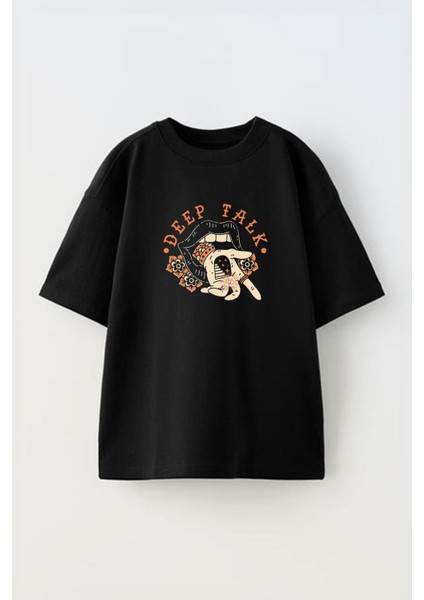 Unisex Deep Talk Tasarım Baskılı Pamuk Sıyah Oversize T-Shirt