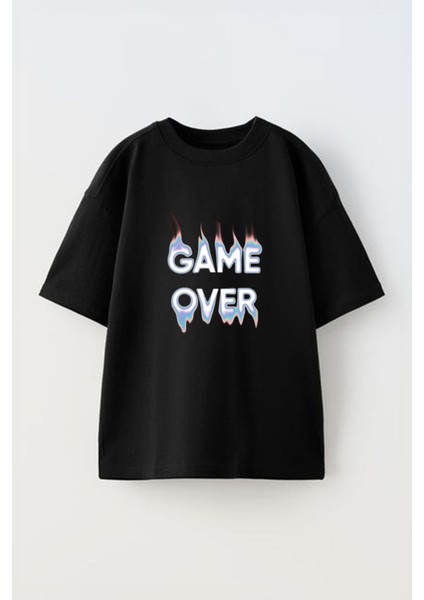 Unisex Game Over Tasarım Baskılı Pamuk Sıyah Oversize T-Shirt