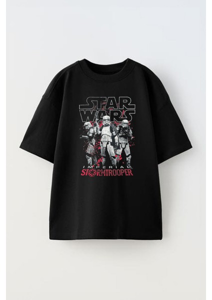 Unisex Star Wars Stormtrooper Tasarım Baskılı Pamuk Sıyah Oversize T-Shirt