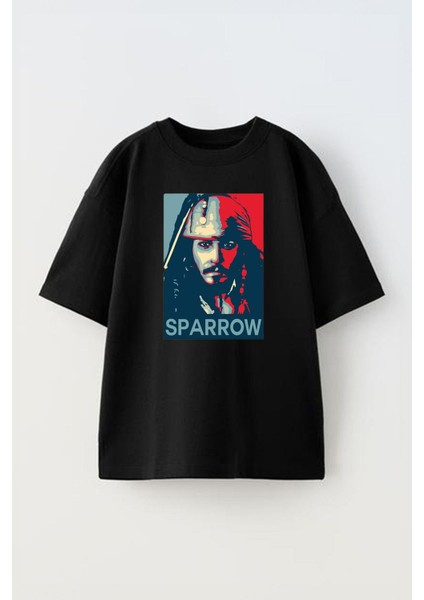 Unisex Jack Sparrow Tasarım Baskılı Pamuk Sıyah Oversize T-Shirt