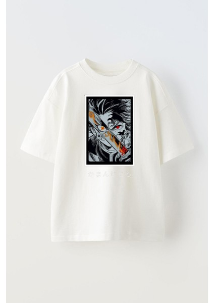 Unisex Demon Slayer Rangoku Tasarım Baskılı Pamuk Beyaz Oversize T-Shirt
