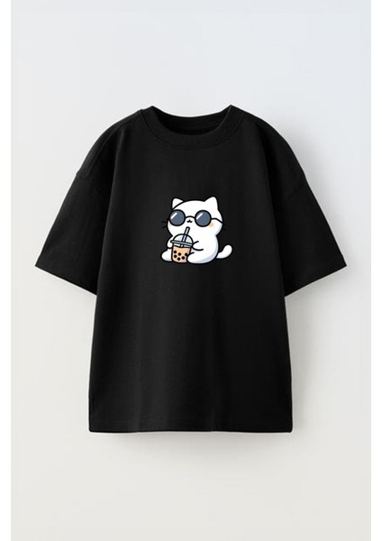 Unisex Cool Cat Tasarım Baskılı Pamuk Sıyah Oversize T-Shirt