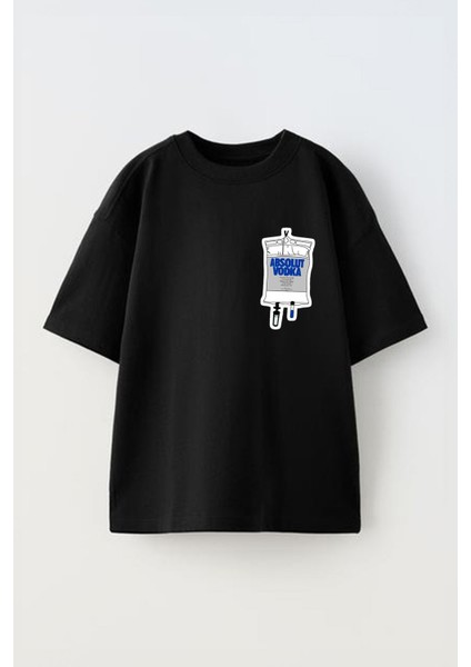 Unisex Absolut Vodka Tasarım Baskılı Pamuk Sıyah Oversize T-Shirt