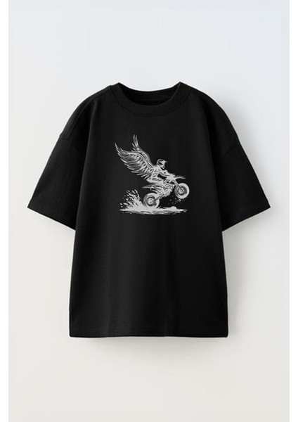 Unisex Kanatlı Motorcu Tasarım Baskılı Pamuk Sıyah Oversize T-Shirt