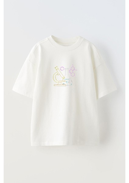 Unisex Deney Tupu ve Mikroskop Tasarım Baskılı Pamuk Beyaz Oversize T-Shirt