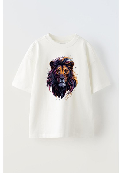 Unisex Aslan Kral Tasarım Baskılı Pamuk Beyaz Oversize T-Shirt