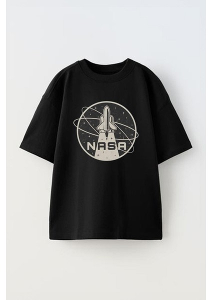 Unisex Nasa Rocket Tasarım Baskılı Pamuk Sıyah Oversize T-Shirt