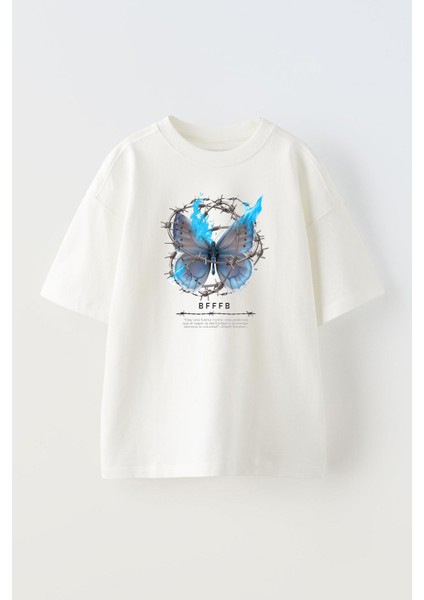 Unisex Dikenli Tel Kelebek Tasarım Baskılı Pamuk Beyaz Oversize T-Shirt