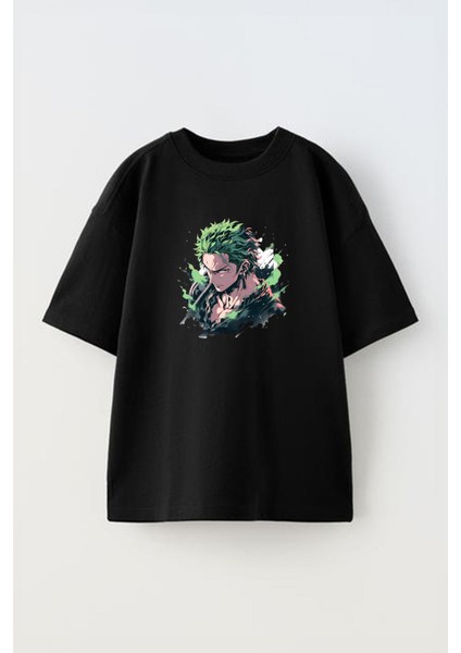 Unisex One Piece Roronoa Zoro Yeşil Saç Tasarım Baskılı Pamuk Sıyah Oversize T-Shirt