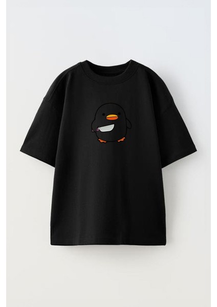 Unisex Bıcaklı Civciv Tasarım Baskılı Pamuk Sıyah Oversize T-Shirt