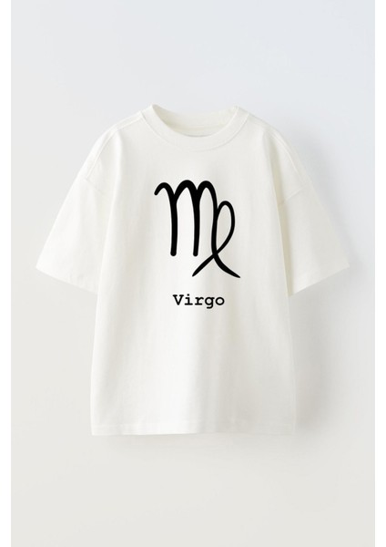 Unisex Basak Burcu Tasarım Baskılı Pamuk Beyaz Oversize T-Shirt