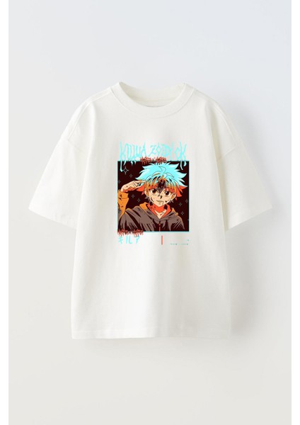 Unisex Anime Hunter x Hunter Tasarım Baskılı Pamuk Beyaz Oversize T-Shirt