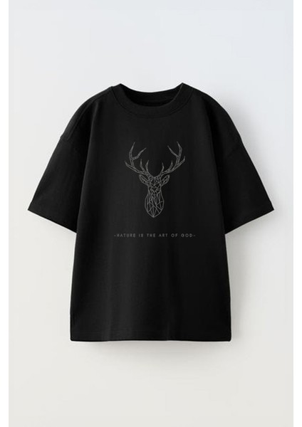 Unisex Geyik Natureıs The Art Of God Tasarım Baskılı Pamuk Sıyah Oversize T-Shirt