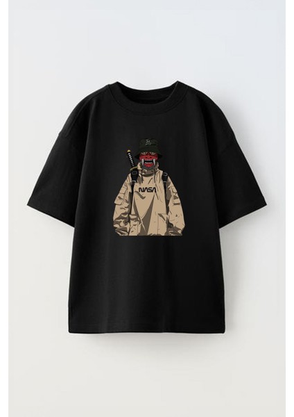 Unisex Nasa Samuray Tasarım Baskılı Pamuk Sıyah Oversize T-Shirt