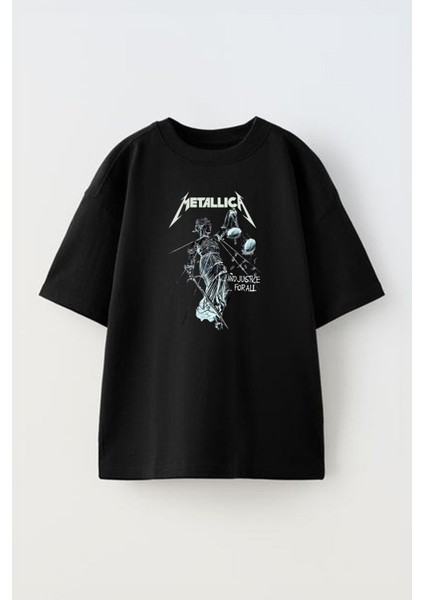 Unisex Metallıca And Justce For All Tasarım Baskılı Pamuk Sıyah Oversize T-Shirt