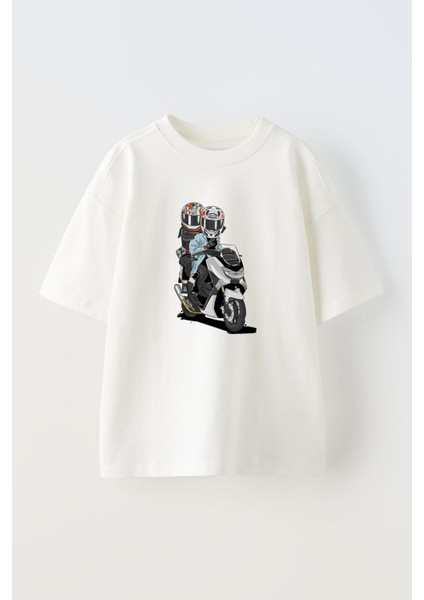 Unisex Motorcu ve Sevgilisi Tasarım Baskılı Pamuk Beyaz Oversize T-Shirt
