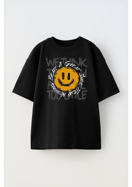 Unisex Nothing Beats A Great Smile Tasarım Baskılı Pamuk Sıyah Oversize T-Shirt