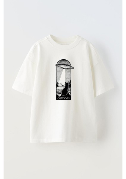 Unisex Deftones Ufo Kedi Tasarım Baskılı Pamuk Beyaz Oversize T-Shirt