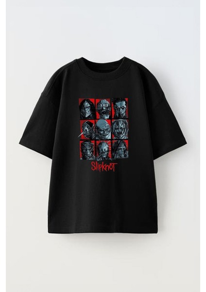 Unisex Slipknot Yüzler Tasarım Baskılı Pamuk Sıyah Oversize T-Shirt