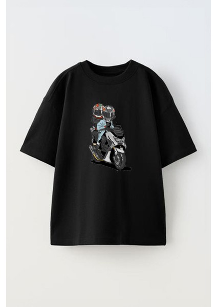 Unisex Motorcu ve Sevgilisi Tasarım Baskılı Pamuk Sıyah Oversize T-Shirt