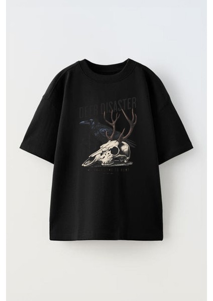Unisex Skull Deer And Crow Tasarım Baskılı Pamuk Sıyah Oversize T-Shirt