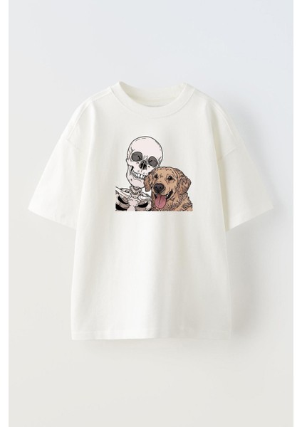 Unisex Kopekle Selfie Tasarım Baskılı Pamuk Beyaz Oversize T-Shirt