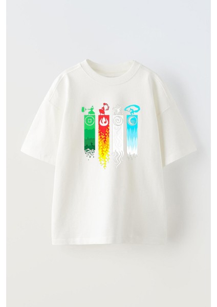 Unisex Avatar Son Hava Bükücü Tasarım Baskılı Pamuk Beyaz Oversize T-Shirt
