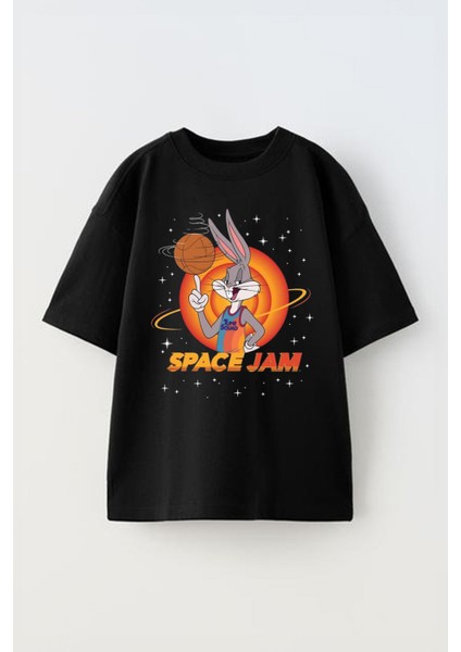 Unisex Space Jam Bugs Bunny Tasarım Baskılı Pamuk Sıyah Oversize T-Shirt