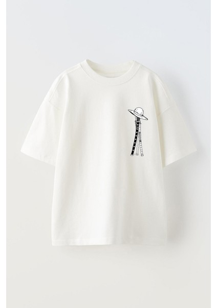 Unisex Anime Şapka Kılıçlar Tasarım Baskılı Pamuk Beyaz Oversize T-Shirt