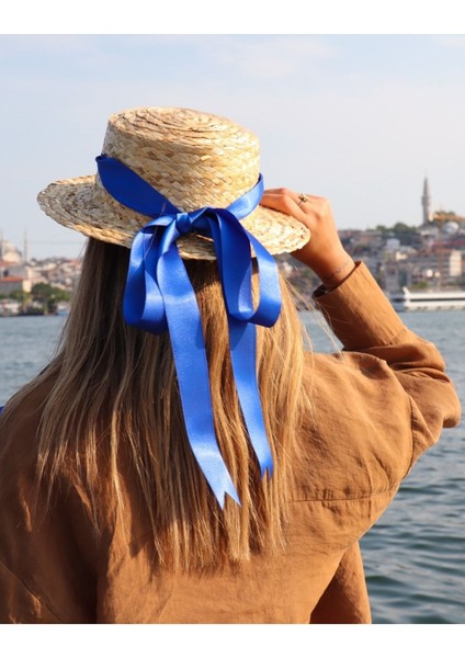 Kadın Hasır Gözlük Şapkası, Lacivert, Kurdeleli, Güneş Koruyucu, Hediye Seçeneği