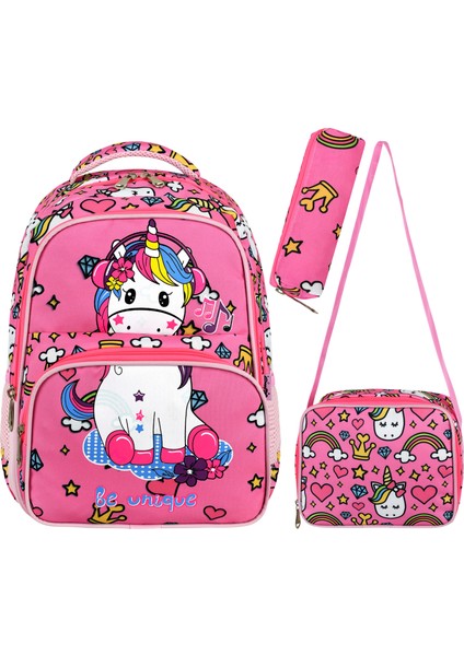 Lisanslı Unicorn Baskılı 3'lü Set Ilkokul Çantası, Termal Beslenme Çantası ve Kalem Kutusu Seti