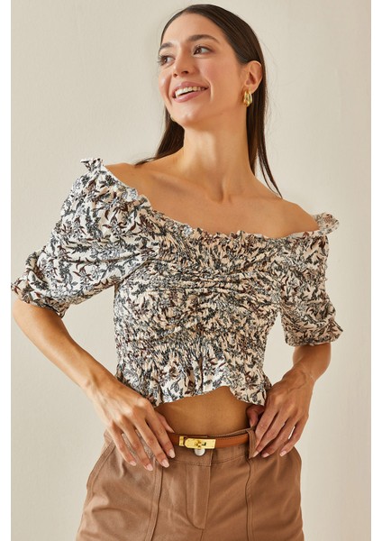 Ekru Önü Büzgülü Örme Bluz 5YXK2-48739-52