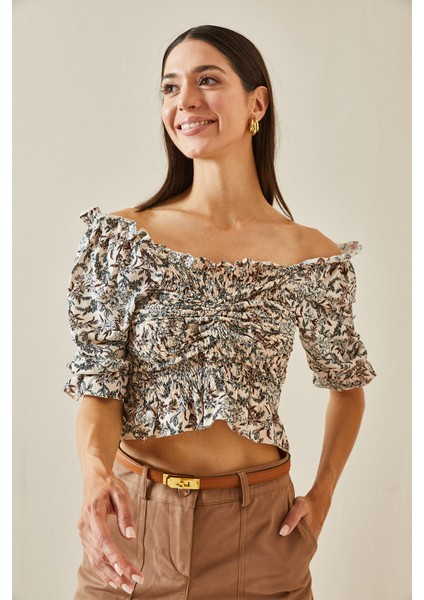 Ekru Önü Büzgülü Örme Bluz 5YXK2-48739-52 modelleri