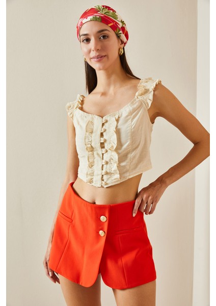 Bej Fırfırlı Askılı Crop Bluz 5YXK2-48797-25