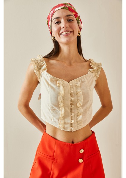 Bej Fırfırlı Askılı Crop Bluz 5YXK2-48797-25