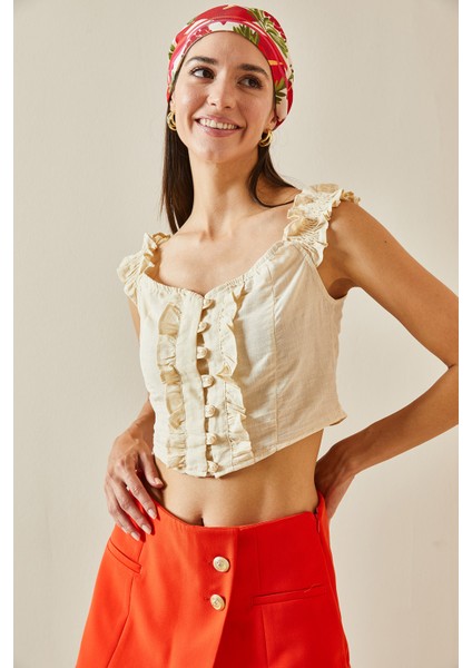 Bej Fırfırlı Askılı Crop Bluz 5YXK2-48797-25